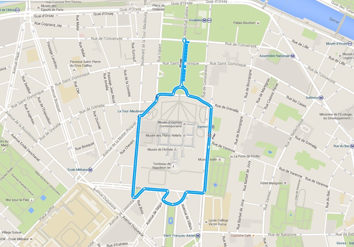 Mapka okruhu vsazena do Google maps. Vpravo nahoře je vidět řeka Seina - severně je sídlo FIA.
